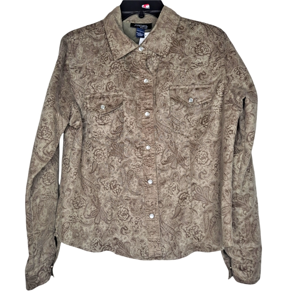 Brown Floral and Paisley Western Pearl Snap Shacket Size Large